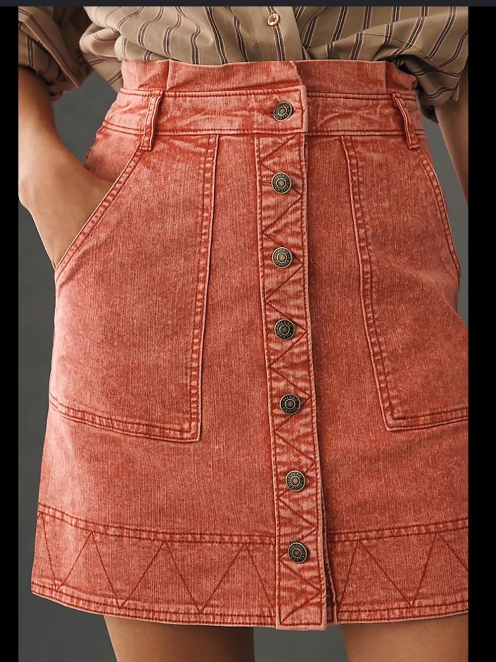 Pilcro Washed denim Coral-Pink Button-Front A-Line Skirt